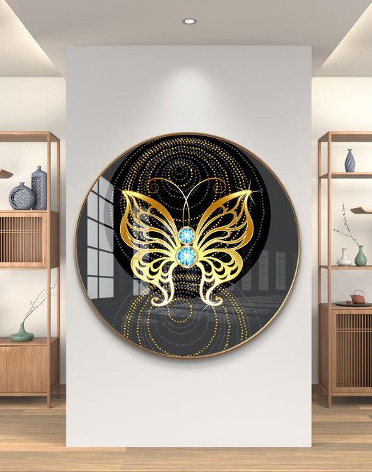 Round golden butterfly crystal resin art work