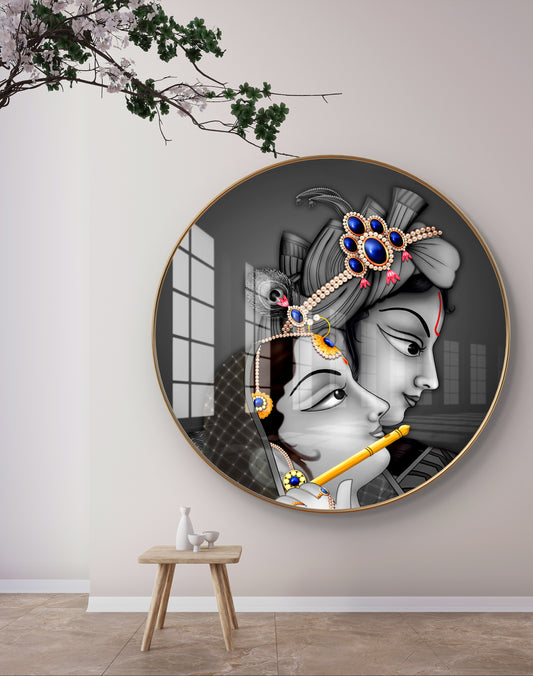 Round radha krishna face black  white crystal resin art work