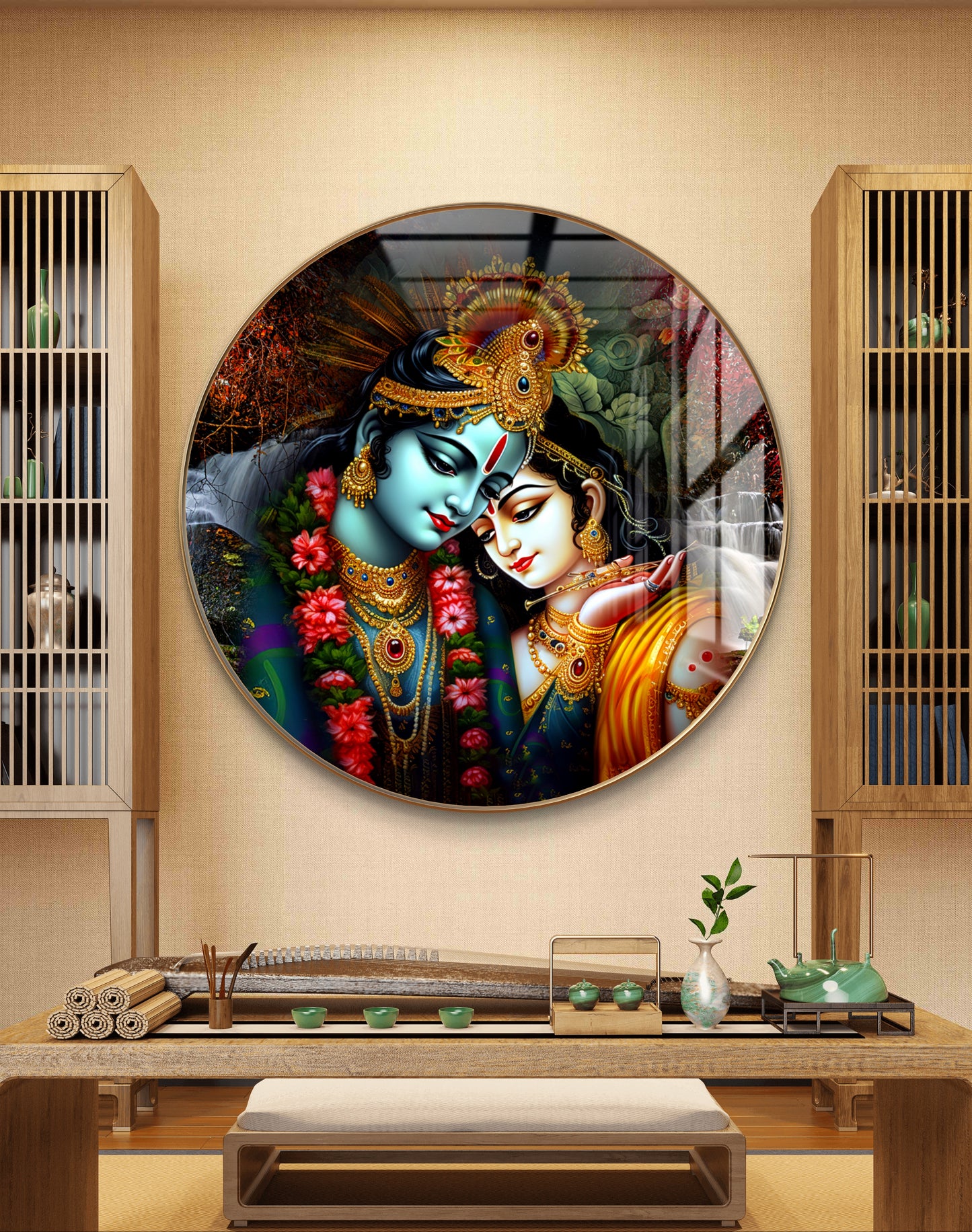 Round radha krishna with stream background crystal resin art work