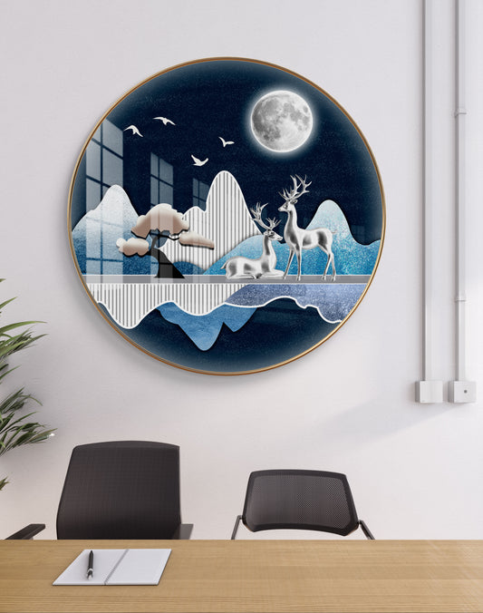 Round silver deer with moon crystal resin art work