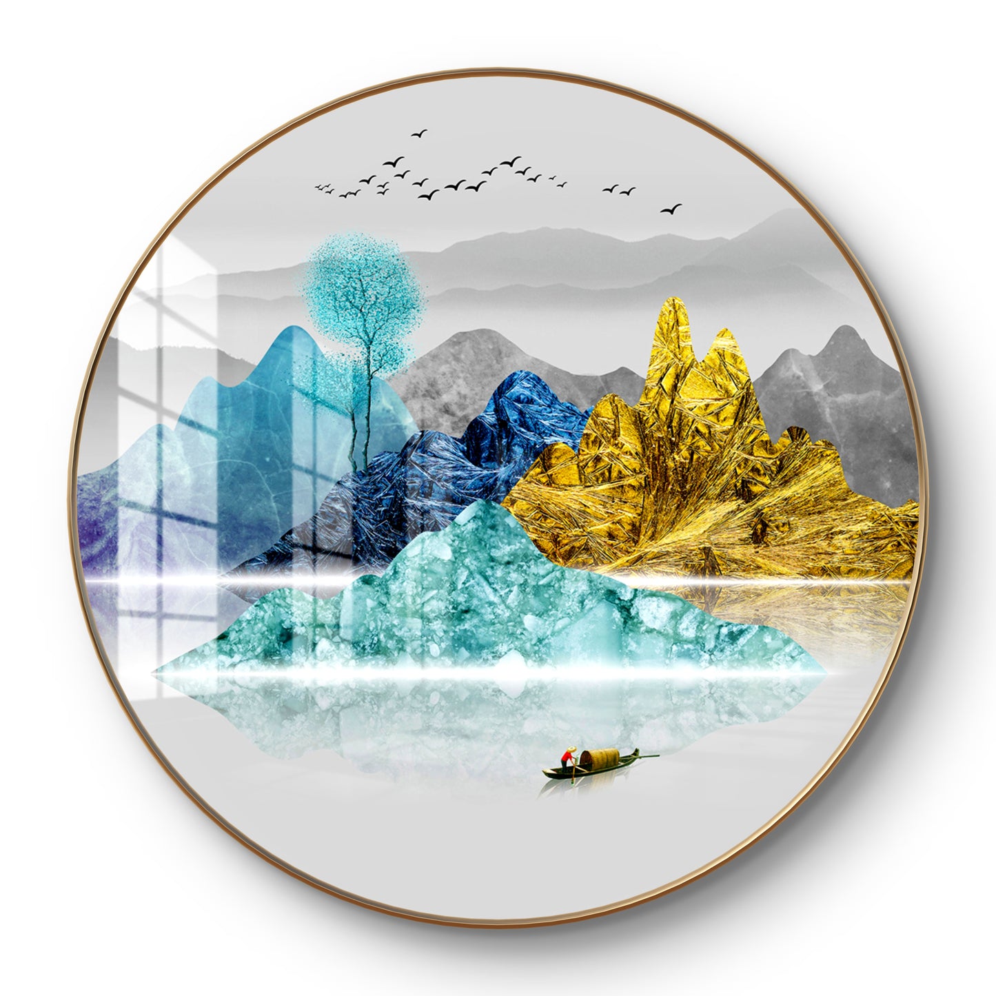Round colorfull mountains and tree crystal resin art work