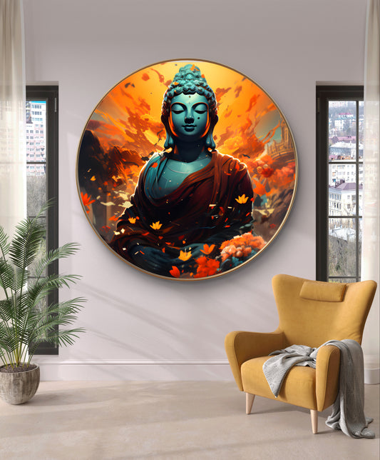 Round epoxy resin Buddha with flowers and orange background painting