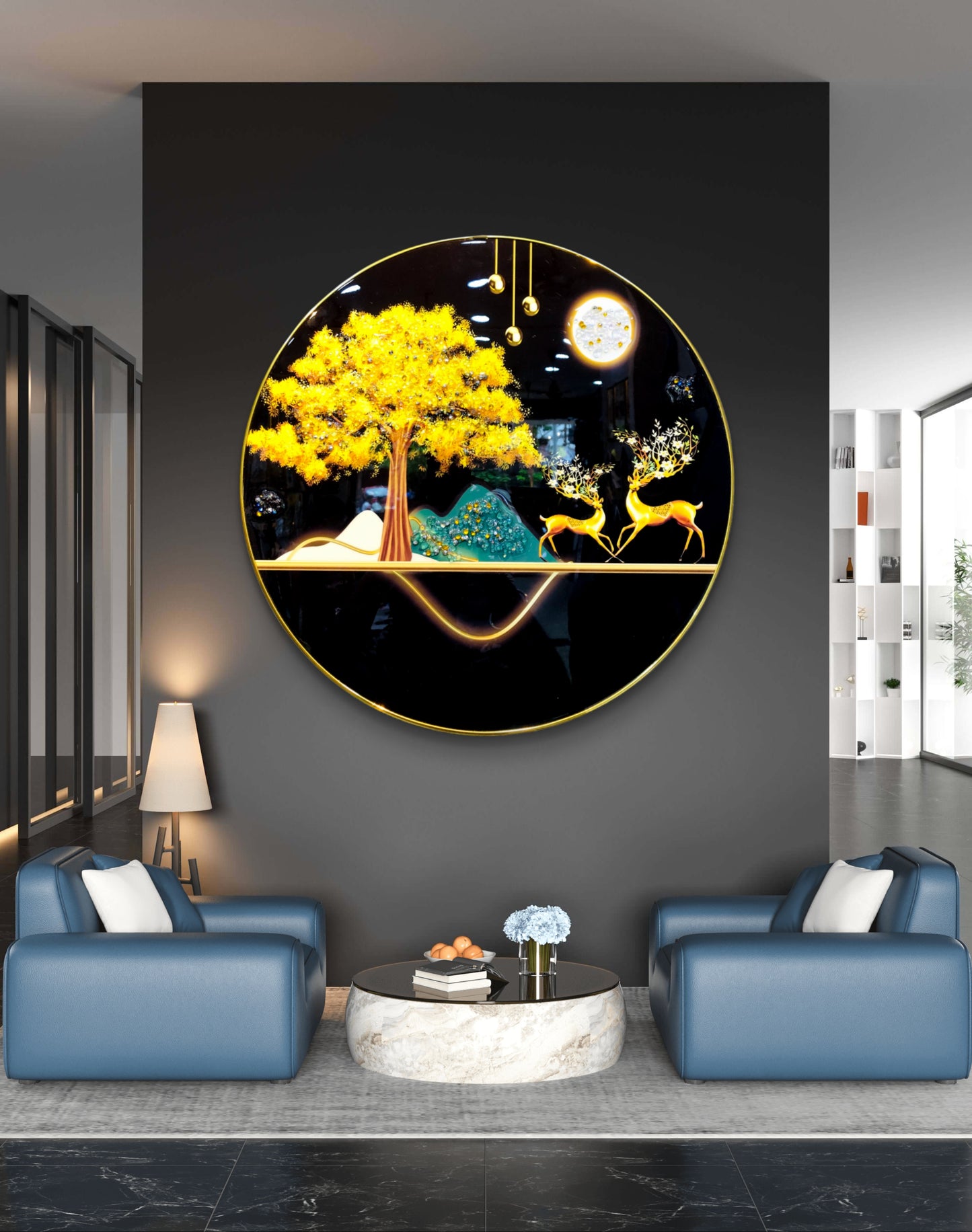round golden deer crystal resin art work