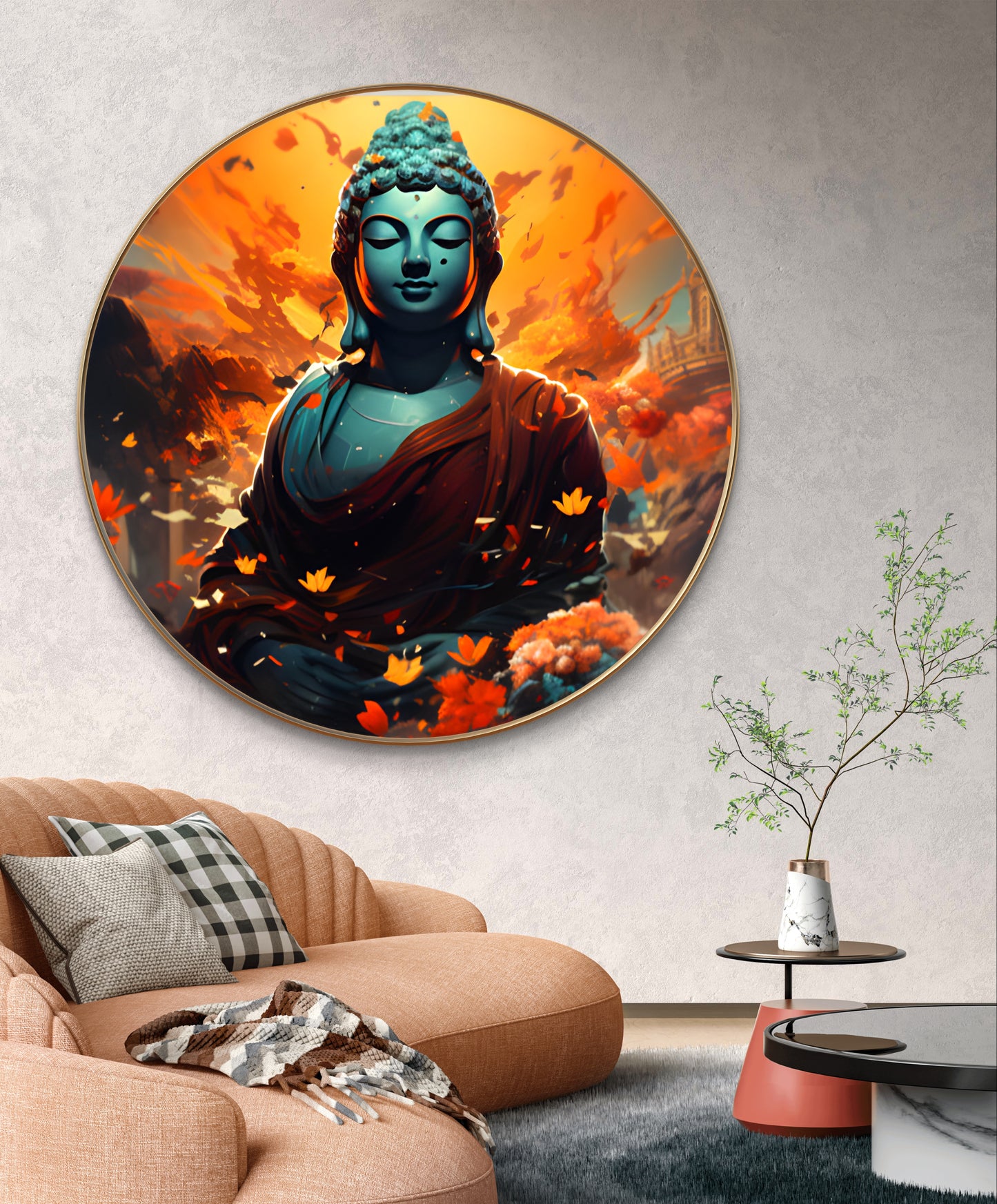 Round epoxy resin Buddha with flowers and orange background painting