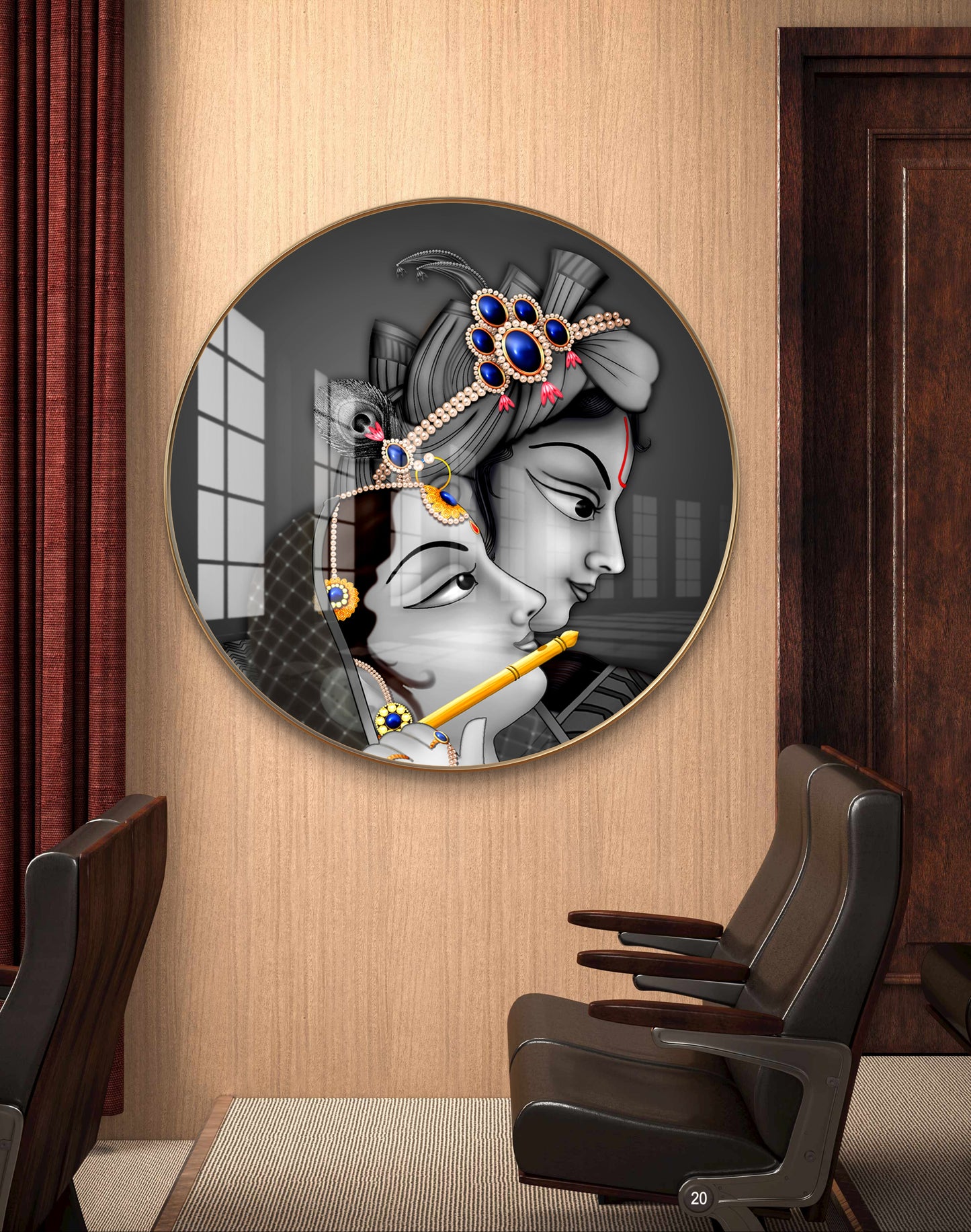 Round radha krishna face black  white crystal resin art work