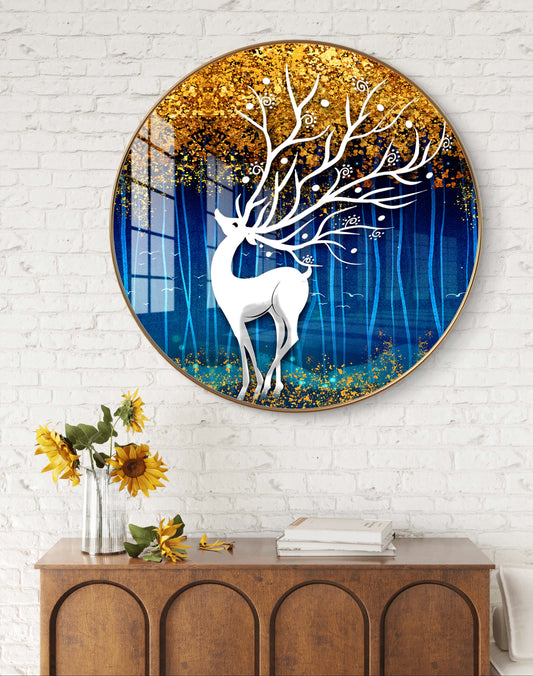 Round silver deer with blue-golden background crystal resin art work