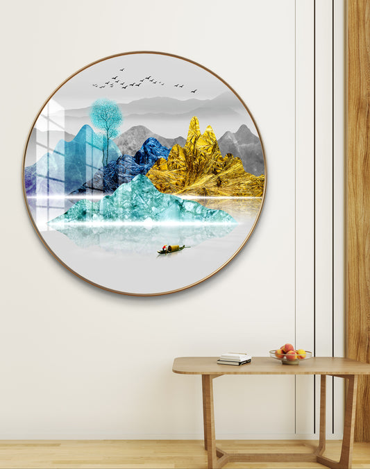 Round colorfull mountains and tree crystal resin art work