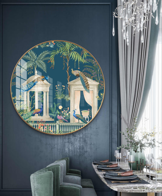 Round golden crystal peacock pichwai painting