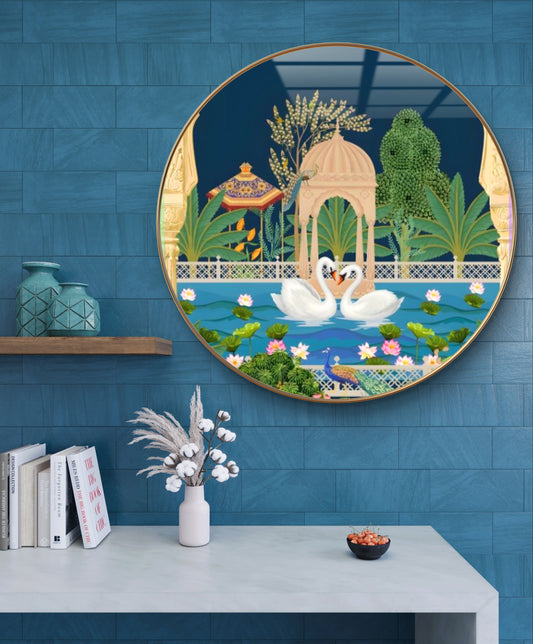 Round crystal golden 2 swans pichwai painting