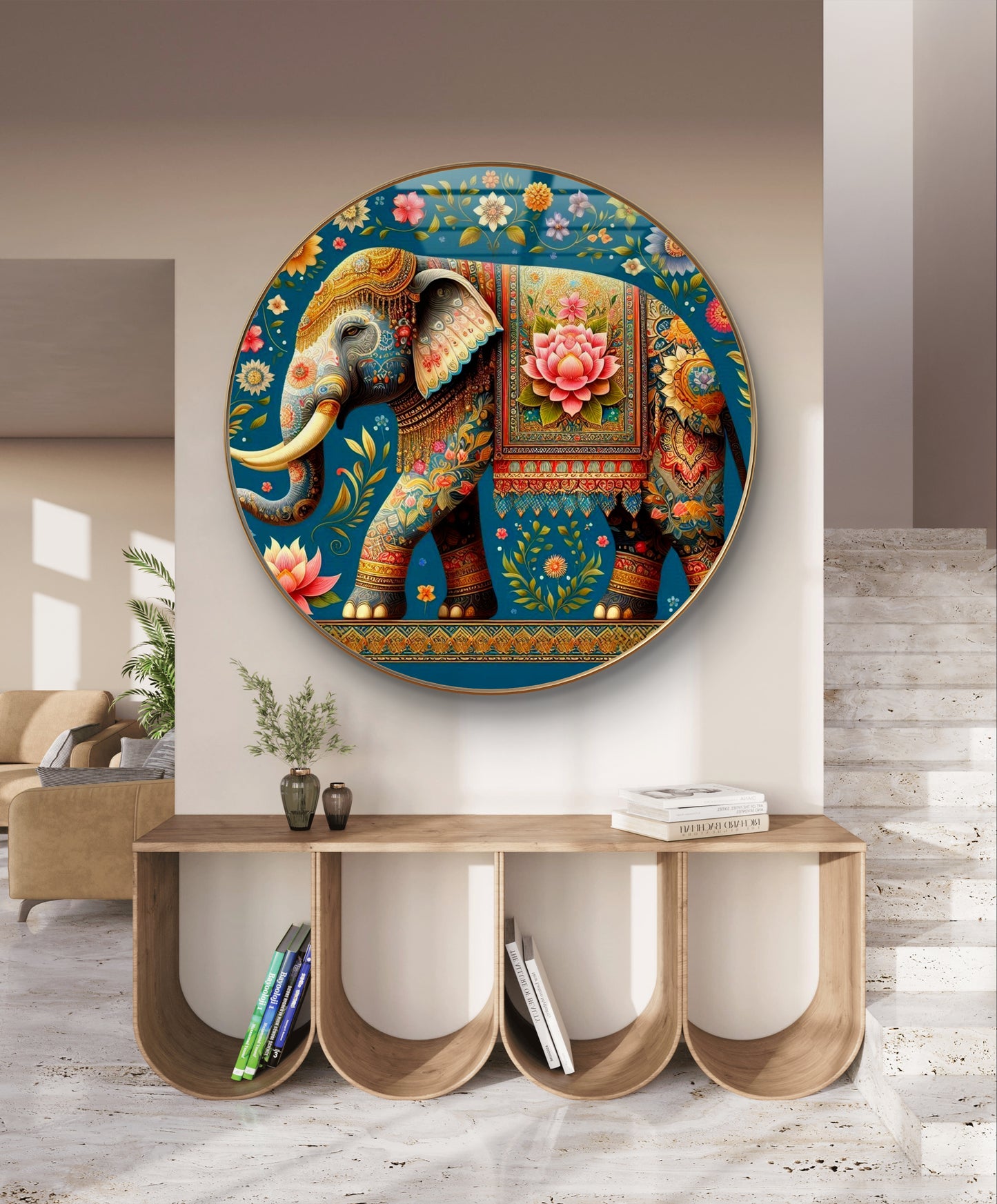 Round resin crystal elephant pichwai painting