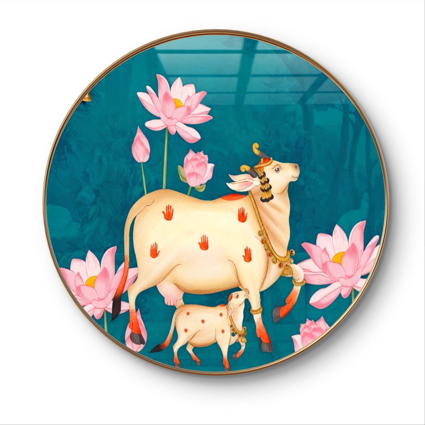 Round resin crystal cow pichwai painting