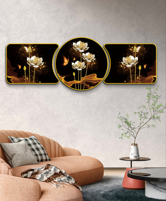 “Golden Lotus Symphony Majestic Golden Deer with Trees & Waves Framed Crystal Glass Framed Wall Paintings For Wall Decoration at Home & Wall Decoration items - Set of 3