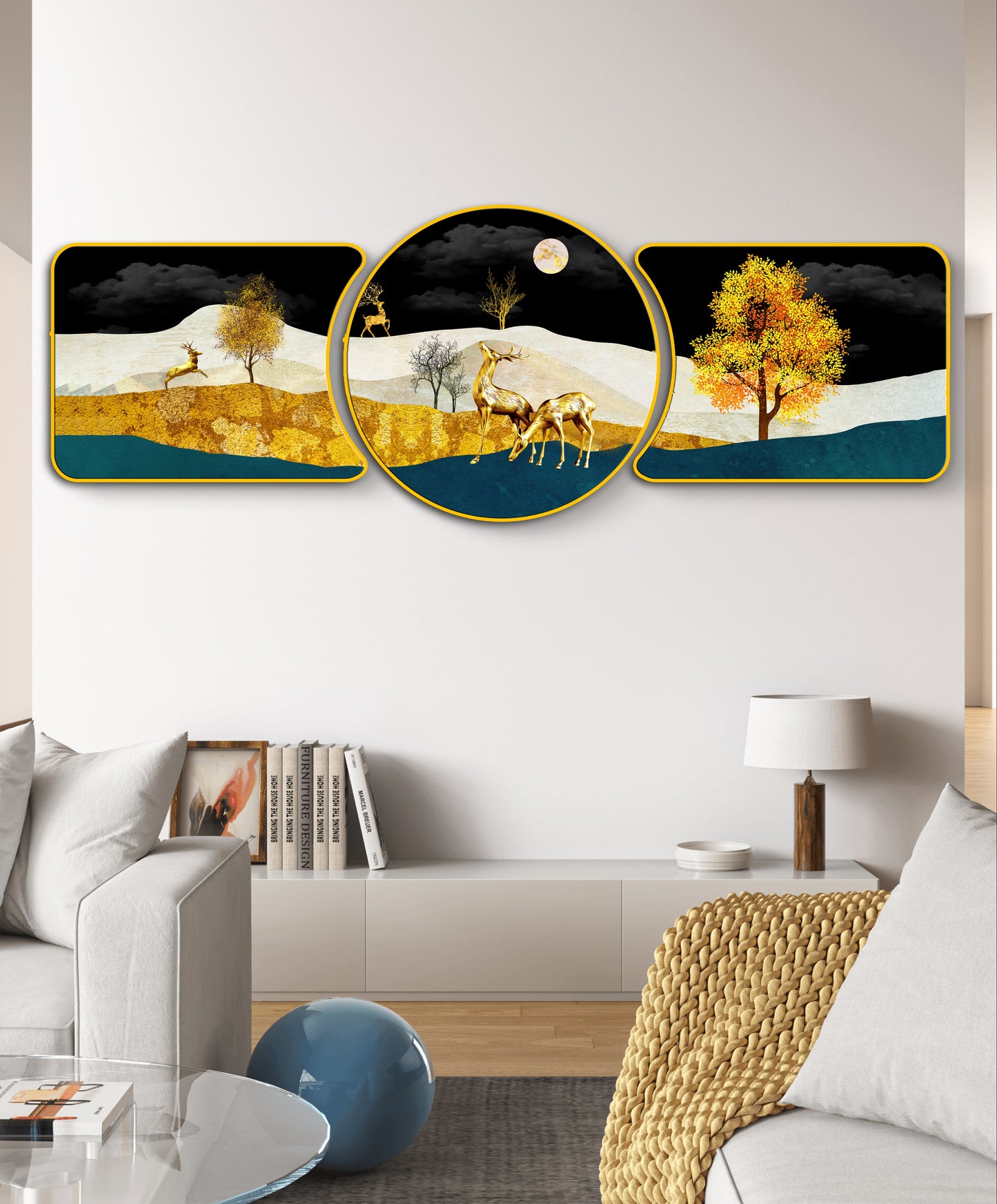 Golden Tree with Deer Majestic Golden Deer with Trees & Waves Framed Crystal Glass Framed Wall Paintings For Wall Decoration at Home & Wall Decoration items - Set of 3