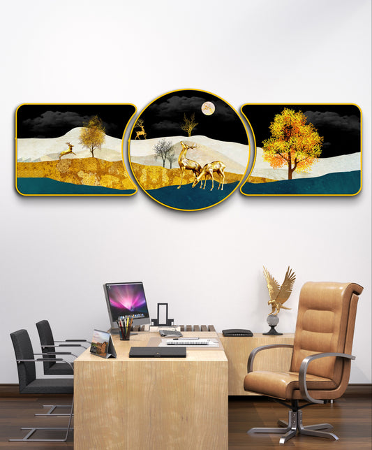 Golden Tree with Deer Majestic Golden Deer with Trees & Waves Framed Crystal Glass Framed Wall Paintings For Wall Decoration at Home & Wall Decoration items - Set of 3