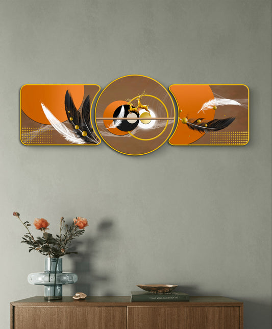 “Abstract Golden Rings with Deer – Majestic Golden Deer with Trees & Waves Framed Crystal Glass Framed Wall Paintings For Wall Decoration at Home & Wall Decoration items -  Crystal Wall Art (Set of 3)”