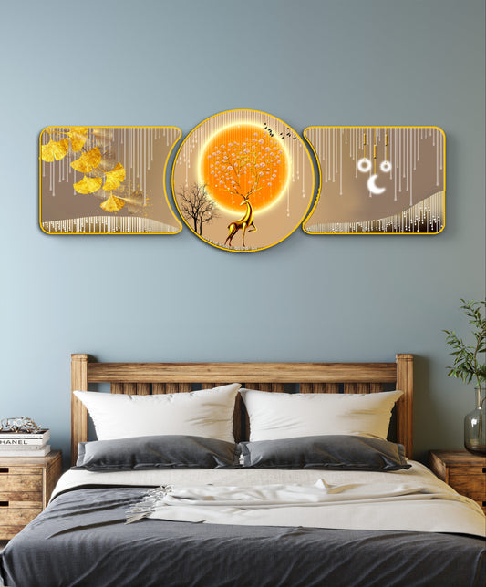 Majestic Deer Accents Majestic Golden Deer with Trees & Waves Framed Crystal Glass Framed Wall Paintings For Wall Decoration at Home & Wall Decoration items - Set of 3