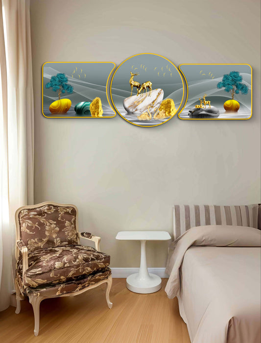 Gold Deer & Marbles Majestic Golden Deer with Trees & Waves Framed Crystal Glass Framed Wall Paintings For Wall Decoration at Home & Wall Decoration items - Set of 3