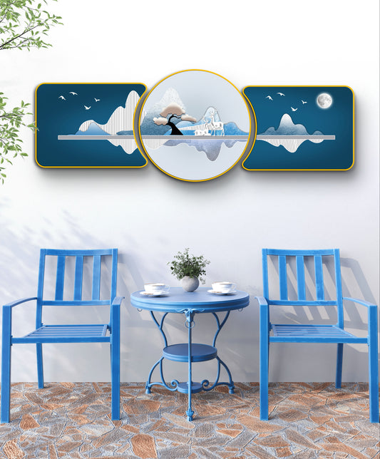Blue Mountains Golden Deer Majestic Golden Deer with Trees & Waves Framed Crystal Glass Framed Wall Paintings For Wall Decoration at Home & Wall Decoration items - Set of 3