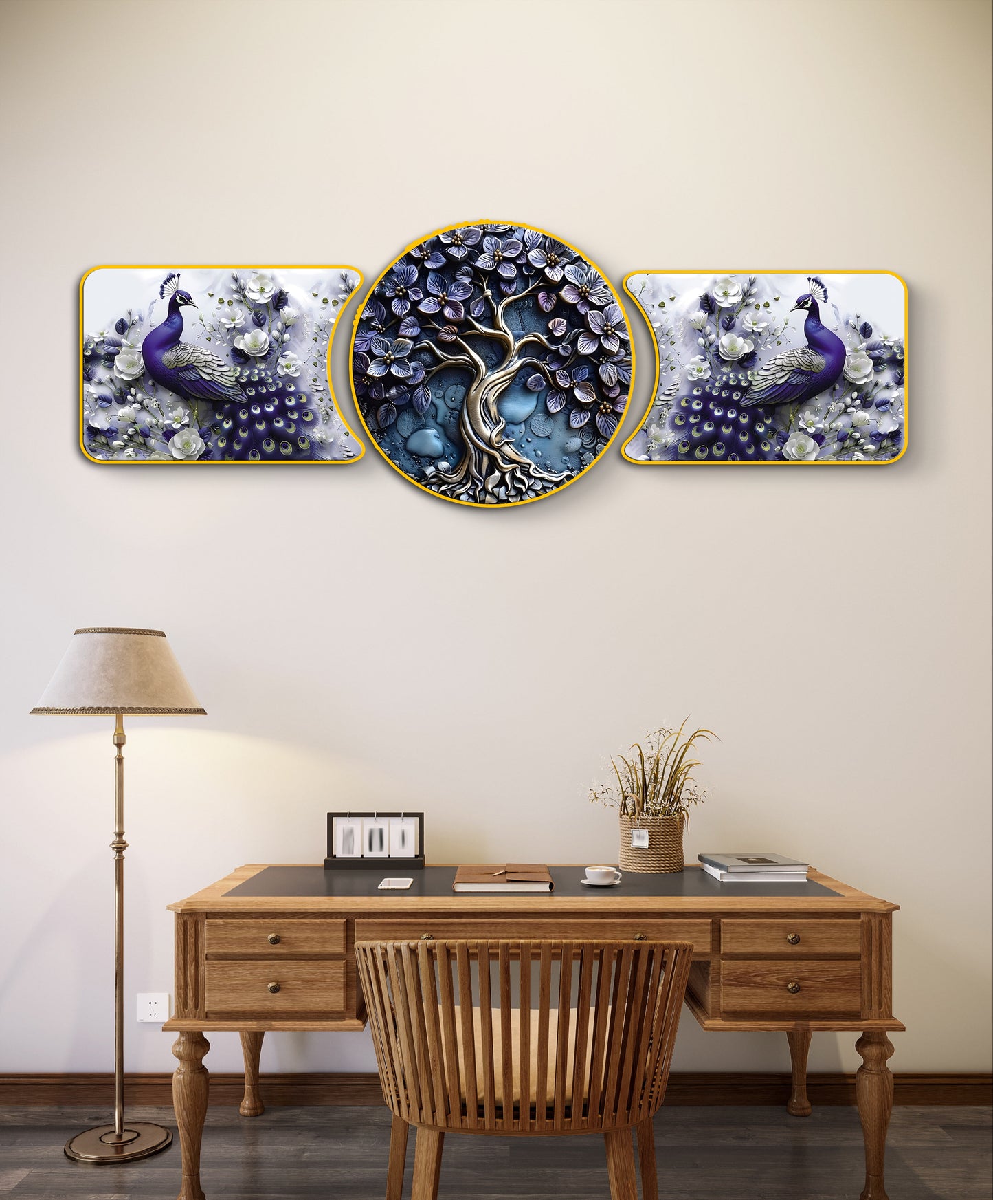 “Blue Tree & White Peacock Majestic Golden Deer with Trees & Waves Framed Crystal Glass Framed Wall Paintings For Wall Decoration at Home & Wall Decoration items - Set of 3