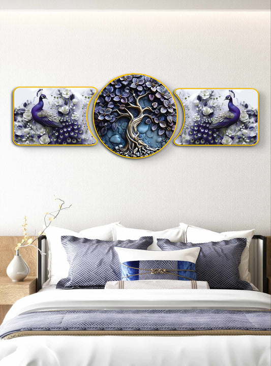 “Blue Tree & White Peacock Majestic Golden Deer with Trees & Waves Framed Crystal Glass Framed Wall Paintings For Wall Decoration at Home & Wall Decoration items - Set of 3
