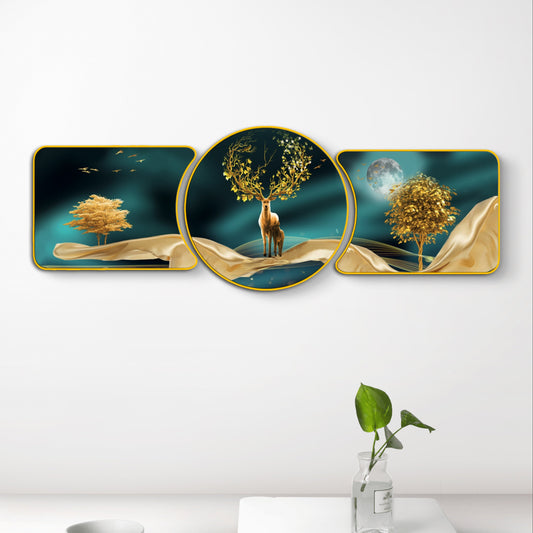 Golden Deer in Enchanted Forest – Framed Crystal Glass Framed Wall Paintings For Wall Decoration at Home & Wall Decoration items - Set of 3