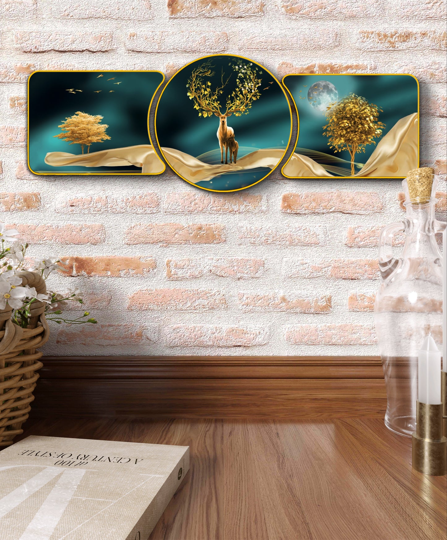 Golden Deer in Enchanted Forest – Framed Crystal Glass Framed Wall Paintings For Wall Decoration at Home & Wall Decoration items - Set of 3