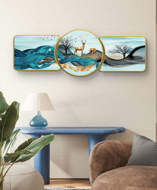 Majestic Golden Deer with Trees & Waves Framed Glass Crystal Painting Framed Wall Paintings For Wall Decoration at Home & Wall Decoration items - Set of 3