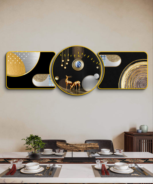Buy Crystal Glass Framed Wall Paintings Golden Deer Framed  - set of 3