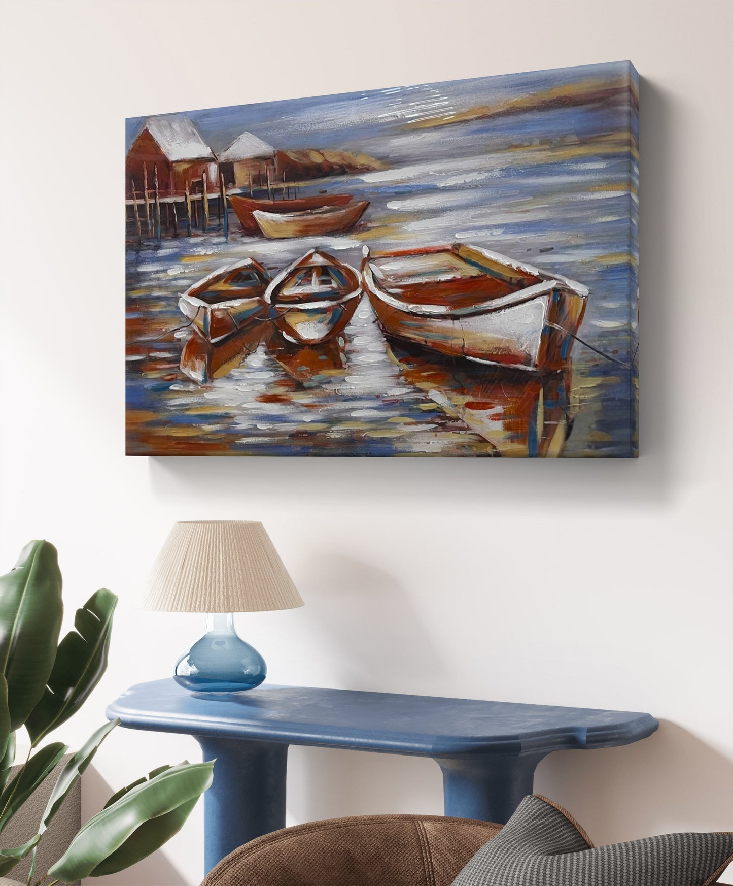Handmade canvas painting - Silent Boats at Dawn
