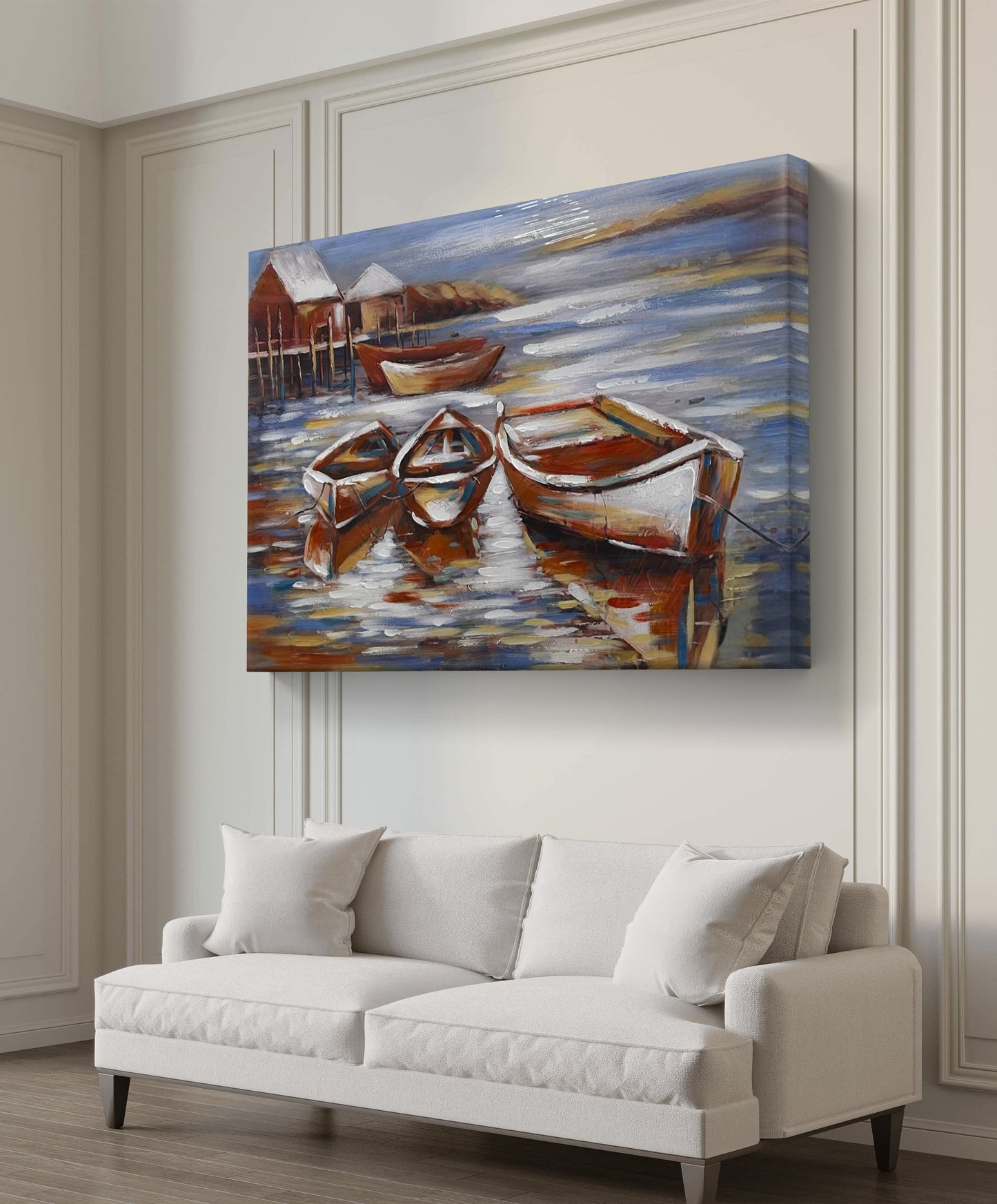 Handmade canvas painting - Silent Boats at Dawn