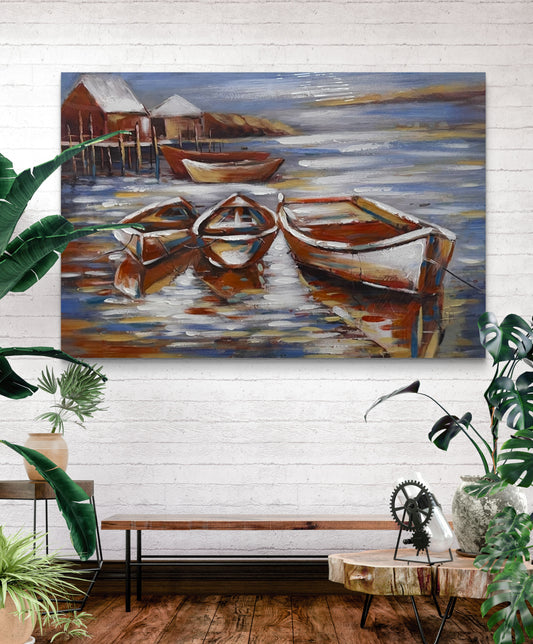 Handmade canvas painting - Silent Boats at Dawn