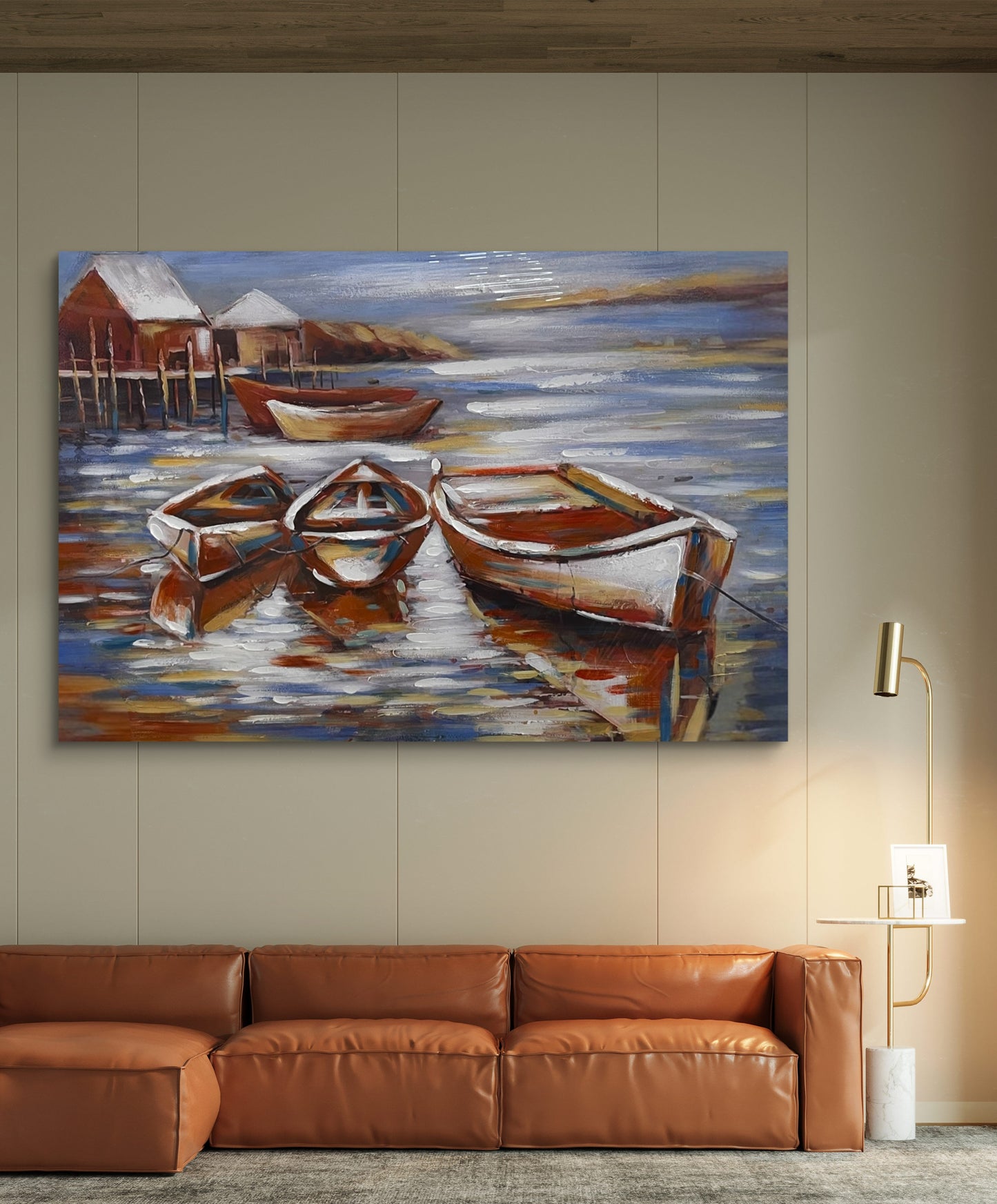 Handmade canvas painting - Silent Boats at Dawn