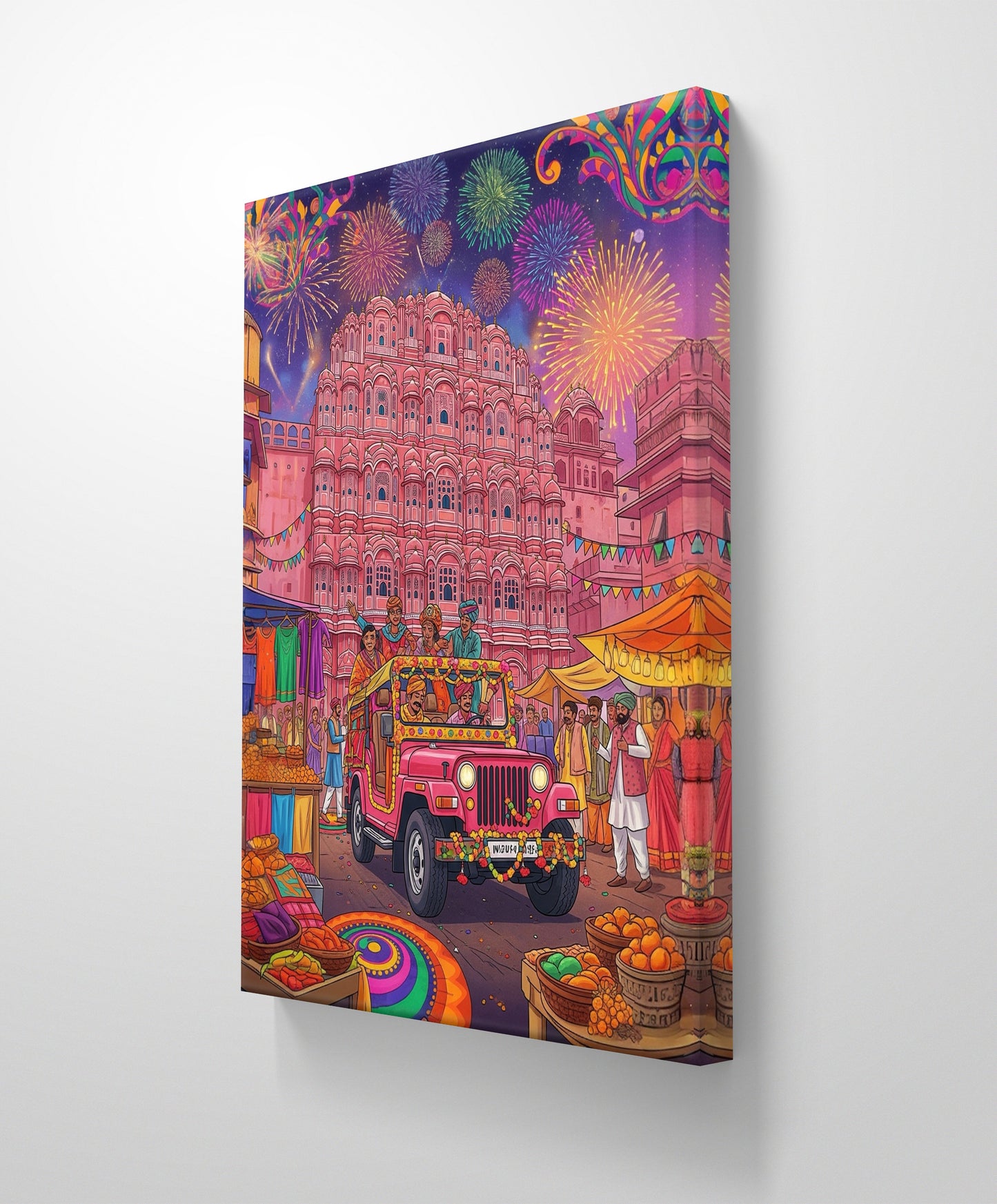 FAMOUS HAWAMAHAL OF JAIPUR CANVAS PAINTING, Festival at the Pink Palace
