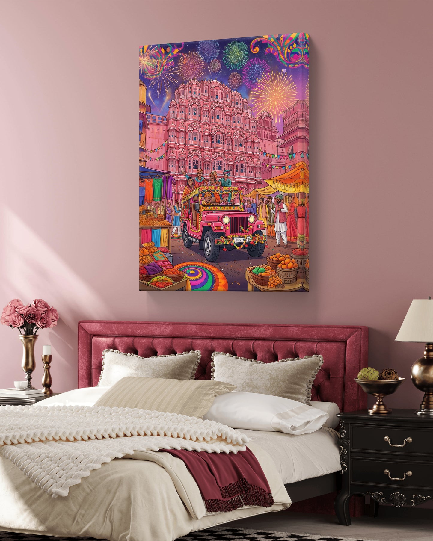 FAMOUS HAWAMAHAL OF JAIPUR CANVAS PAINTING, Festival at the Pink Palace