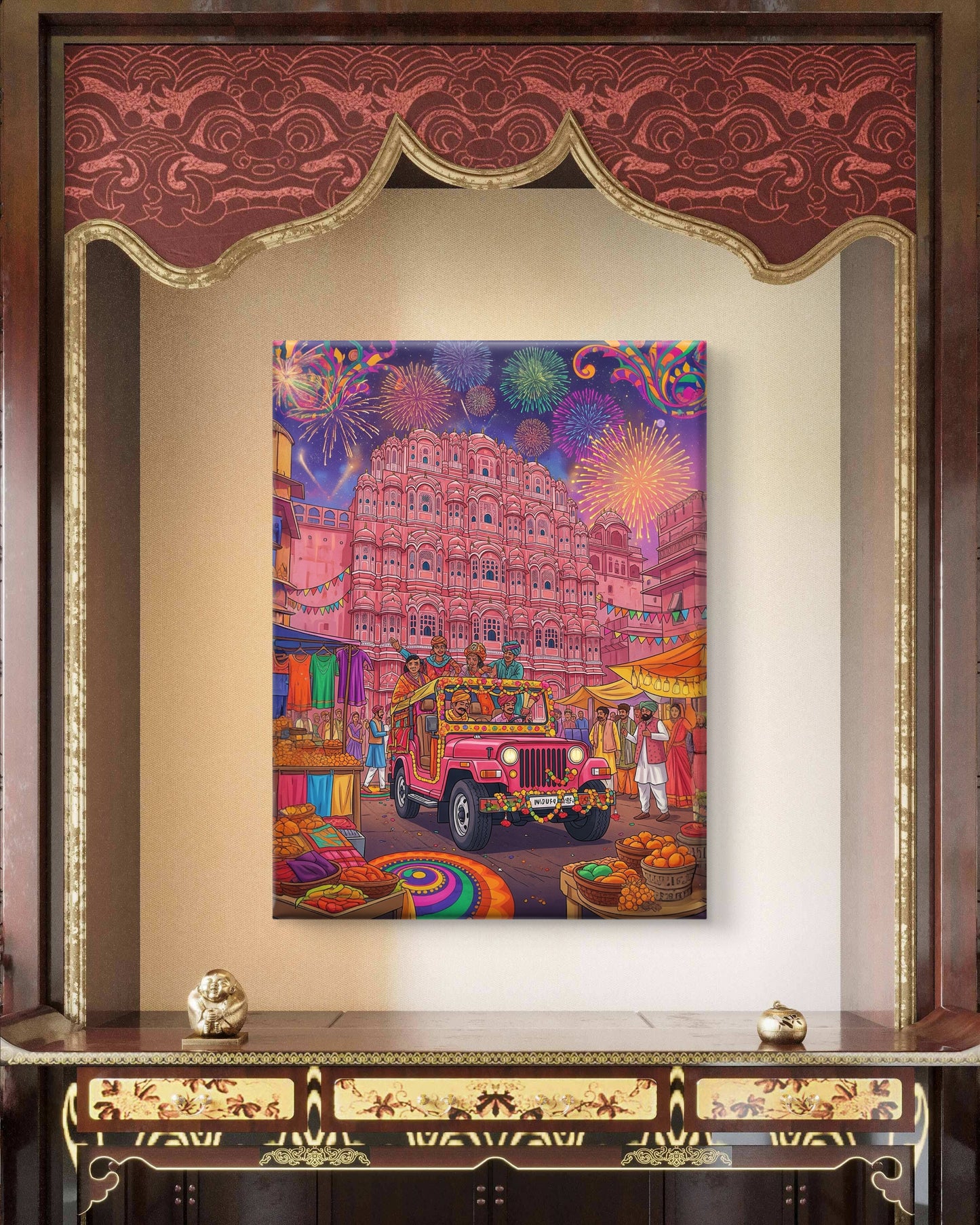 FAMOUS HAWAMAHAL OF JAIPUR CANVAS PAINTING, Festival at the Pink Palace