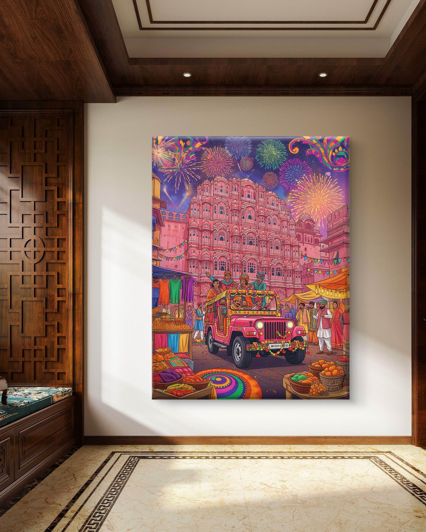 FAMOUS HAWAMAHAL OF JAIPUR CANVAS PAINTING, Festival at the Pink Palace