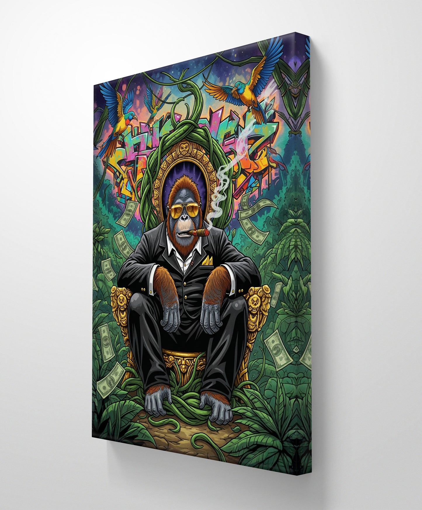 MONKEY WEARING SUNGLASSES IN GRAFFITI BACKGROUND CANVAS PAINTING
