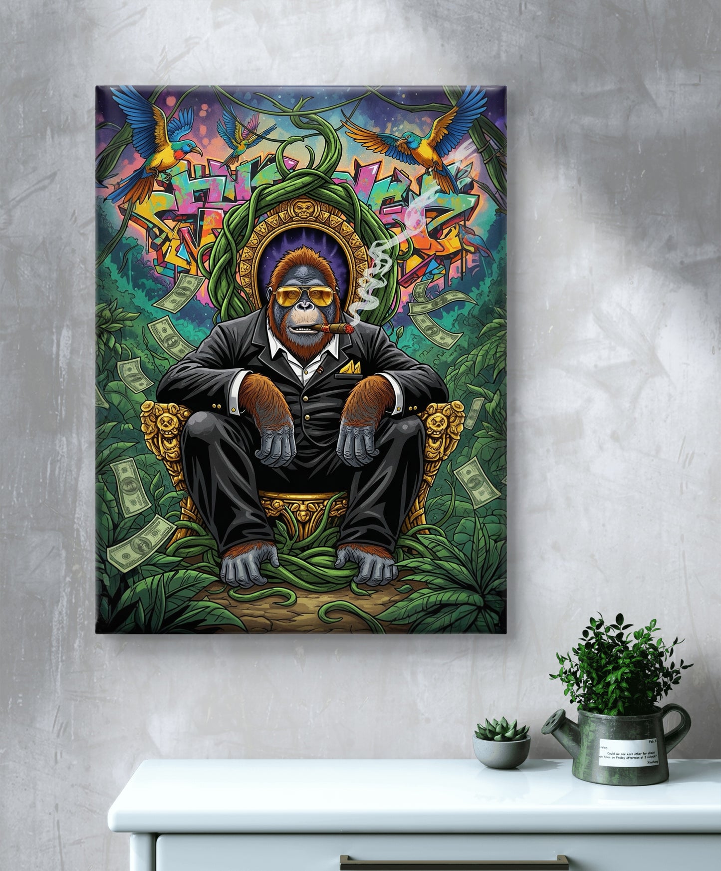 MONKEY WEARING SUNGLASSES IN GRAFFITI BACKGROUND CANVAS PAINTING