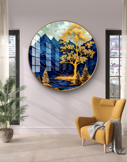 Round golden tree abstract crystal resin art work