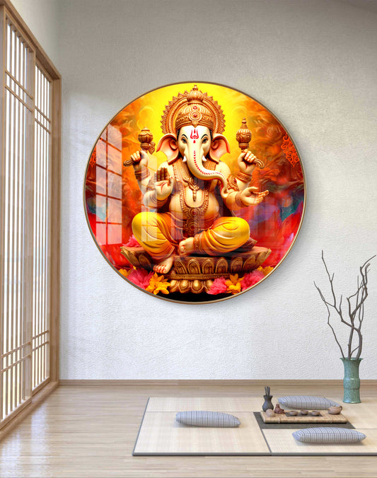 Round ganesha with yellow & red background crystal resin art work