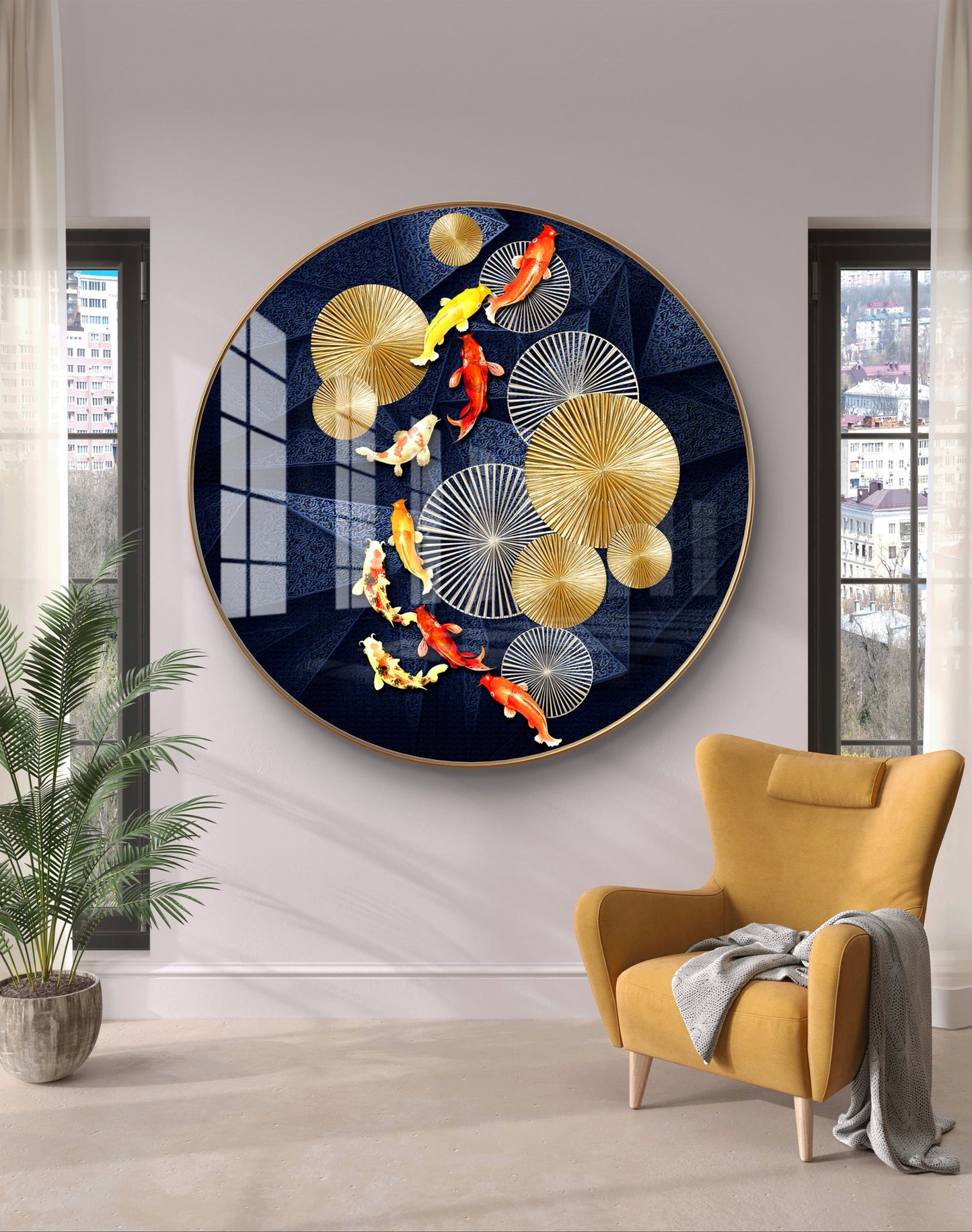 Round fish golden metal spheres crystal resin art work