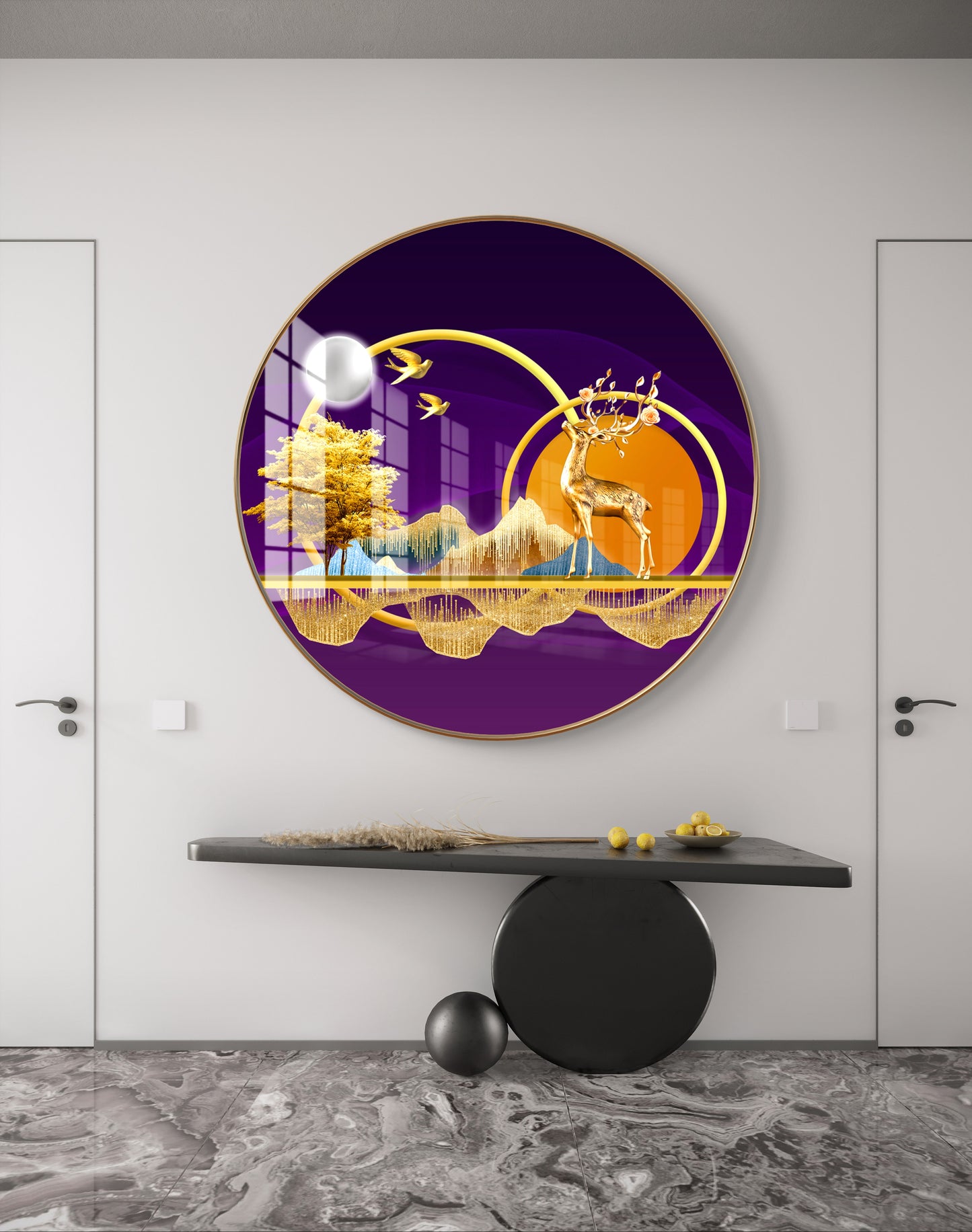 Round golden tree & deer crystal resin art work