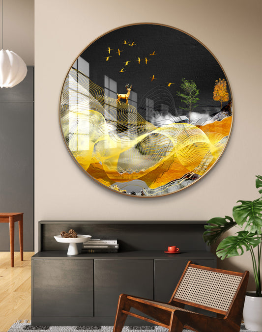 Round deer with birds and golden waves crystal resin art work