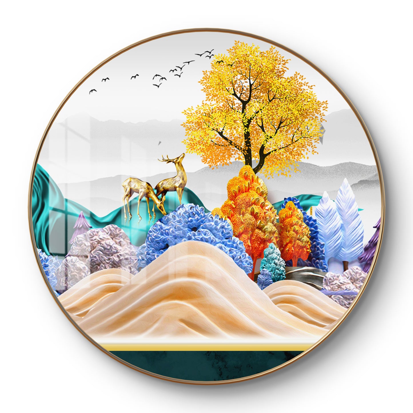 Round golden deer with colourfull trees crystal resin art work