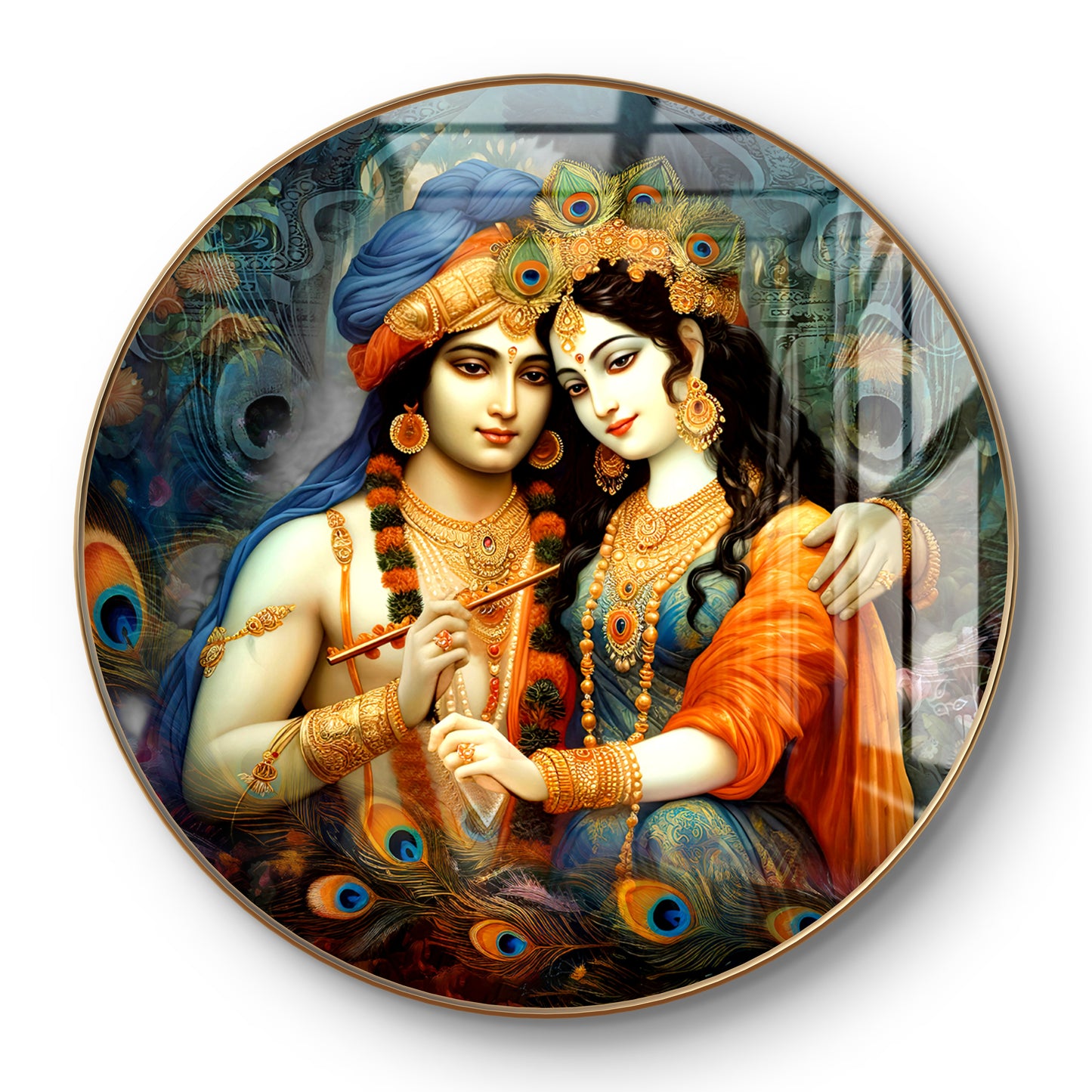 Round radha krishna with peacock feathers crystal resin art work