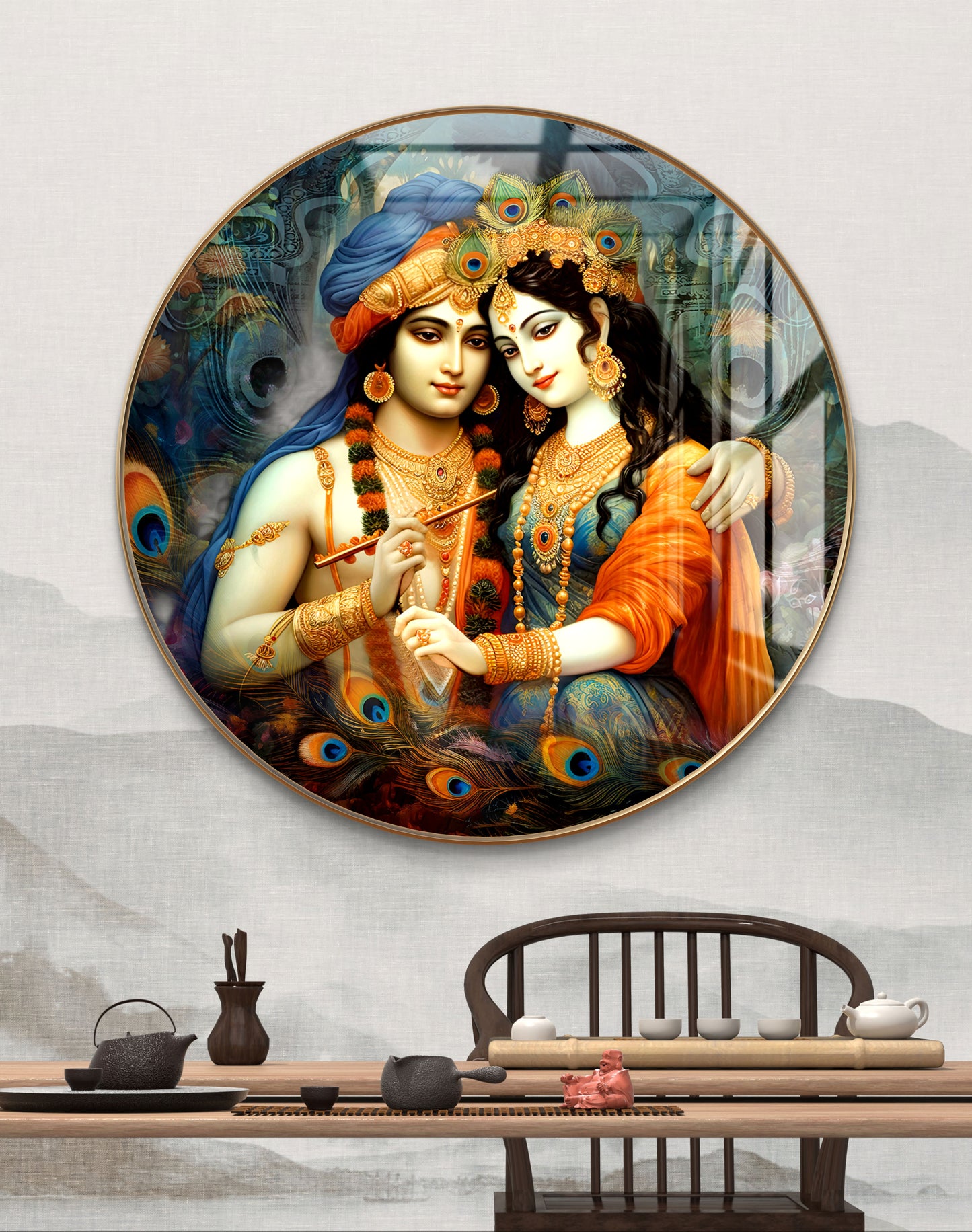 Round radha krishna with peacock feathers crystal resin art work