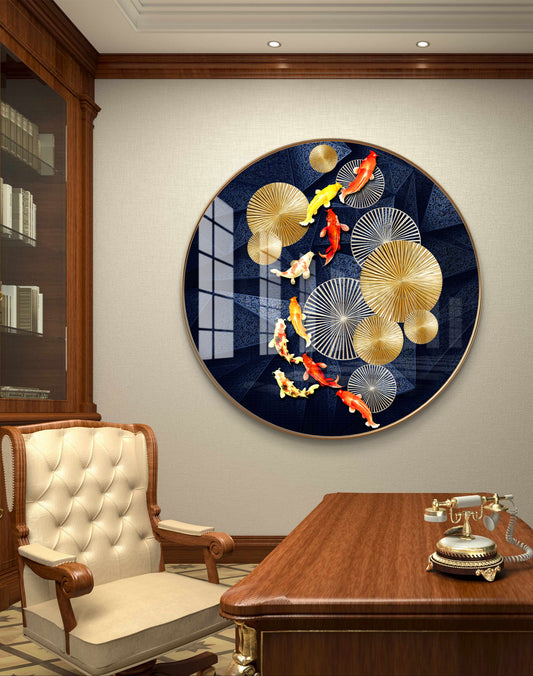 Round fish golden metal spheres crystal resin art work