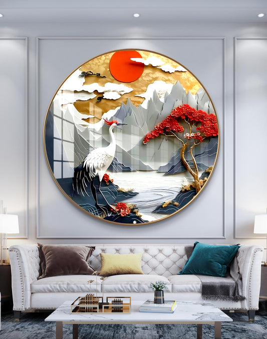 Round crane bird crystal resin art work