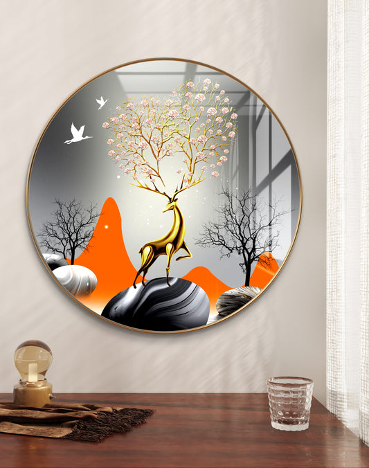 Round 3D gold deer with white birds crystal resin