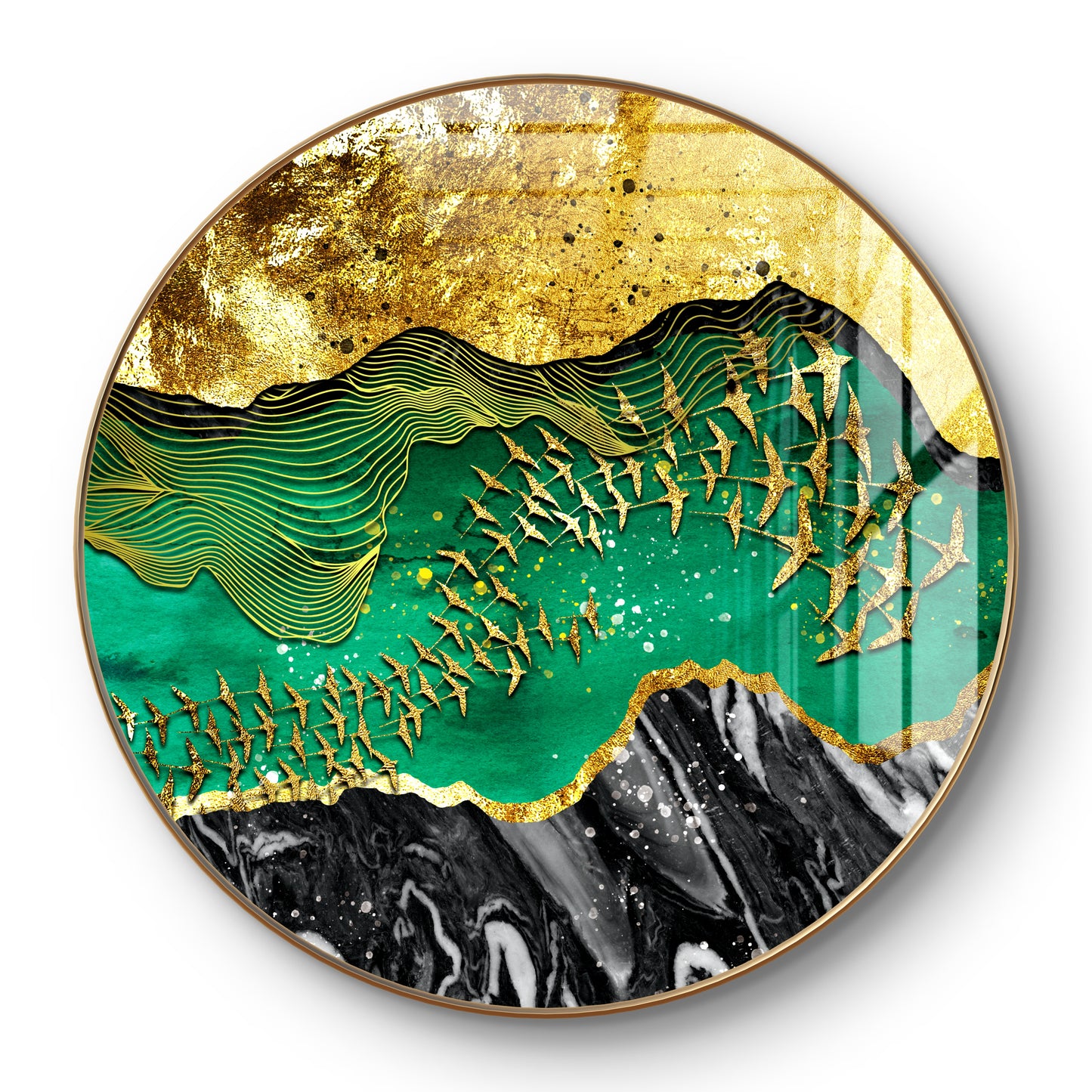 Round golden birds in three layered textured background
